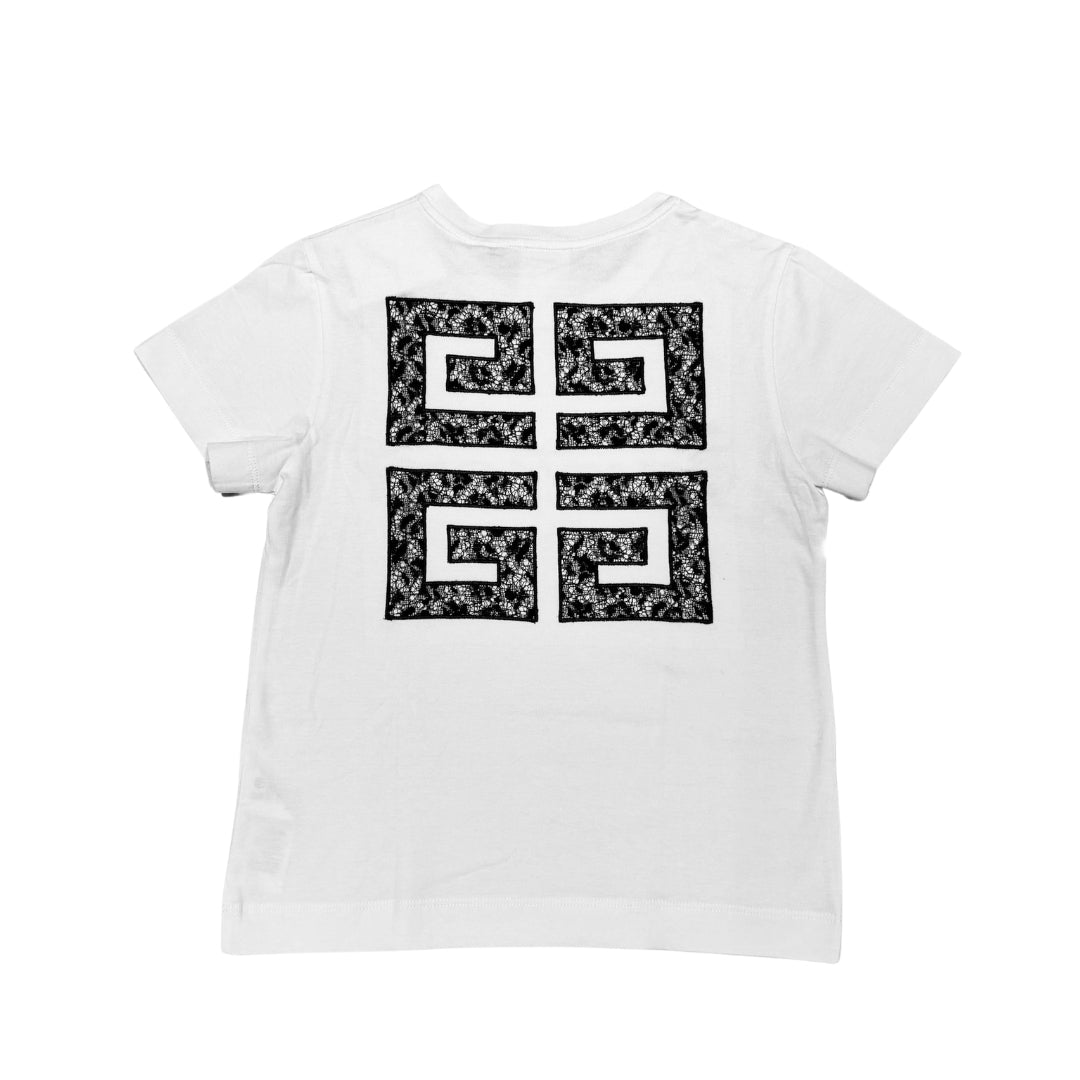 Givenchy white t-shirt with crew neck and short sleeves, featuring a black Givenchy logo print with a textured fill on the chest, available at Lestyle Boutique 136 Little Collins St.