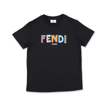 Fendi girls' black cotton jersey t-shirt with crew neck and short sleeves, featuring a multi-color Fendi Roma logo print on the chest, available at Lestyle Boutique 136 Little Collins St.