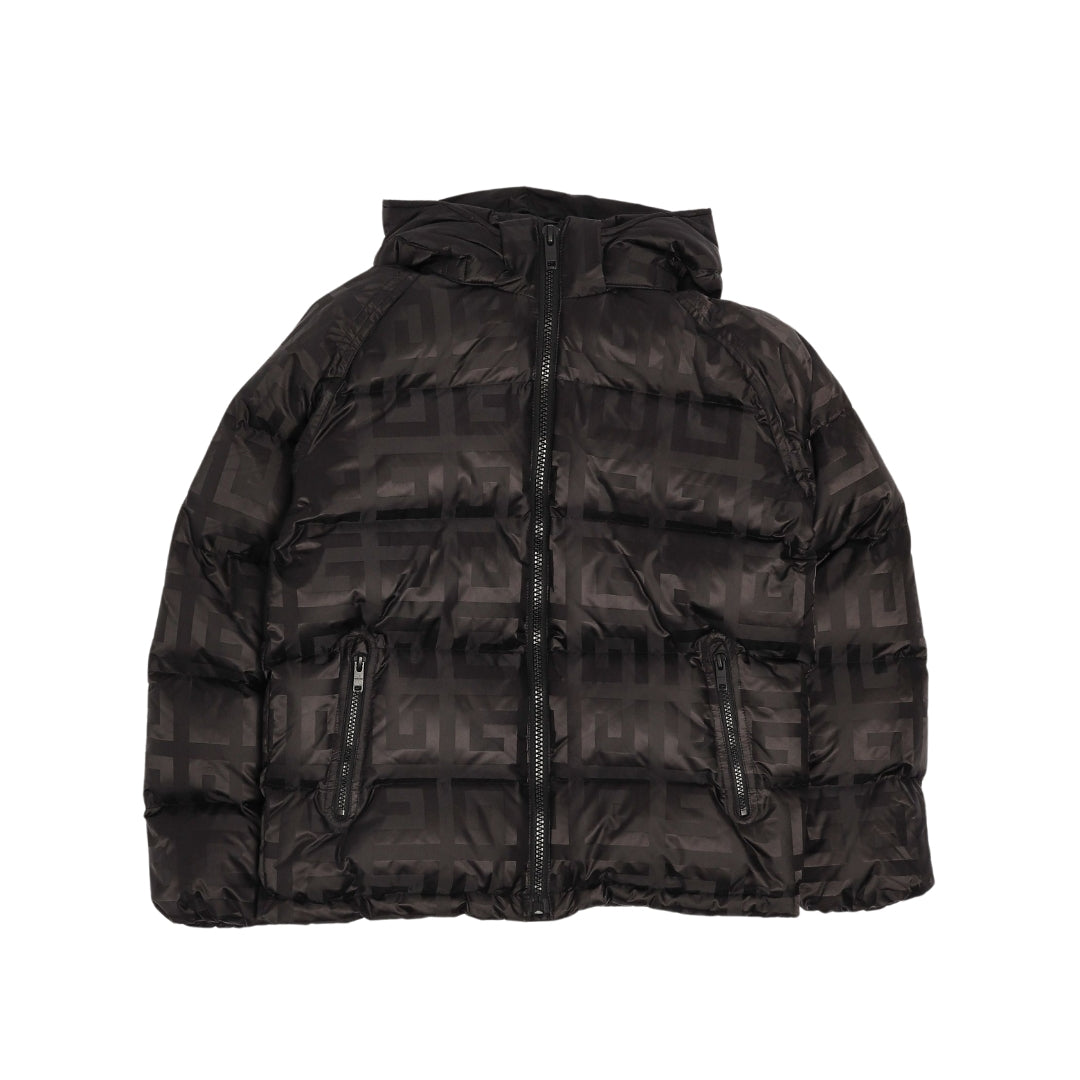 Givenchy boys black quilted nylon down jacket from the Winter 24/25 collection, featuring an all-over 4G logo pattern, fixed hood, GIVENCHY lettering on the back, and zippered side pockets, available at Lestyle Boutique 136 Little Collins St.