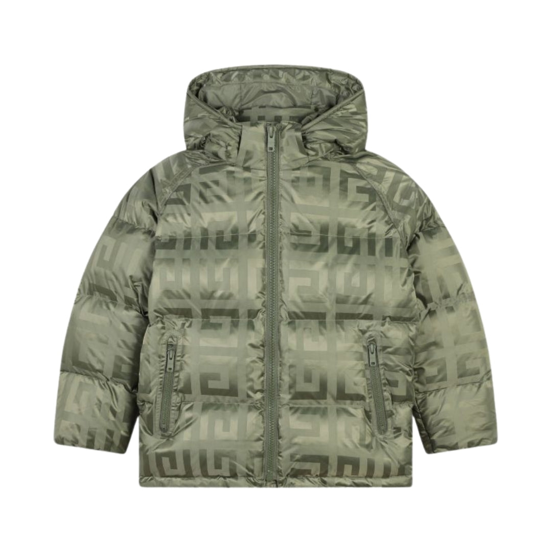 Givenchy children's green lightweight nylon puffer jacket with an all-over G-logo print, high neck, zipper closure, and two side pockets, available at Lestyle Boutique 136 Little Collins St.