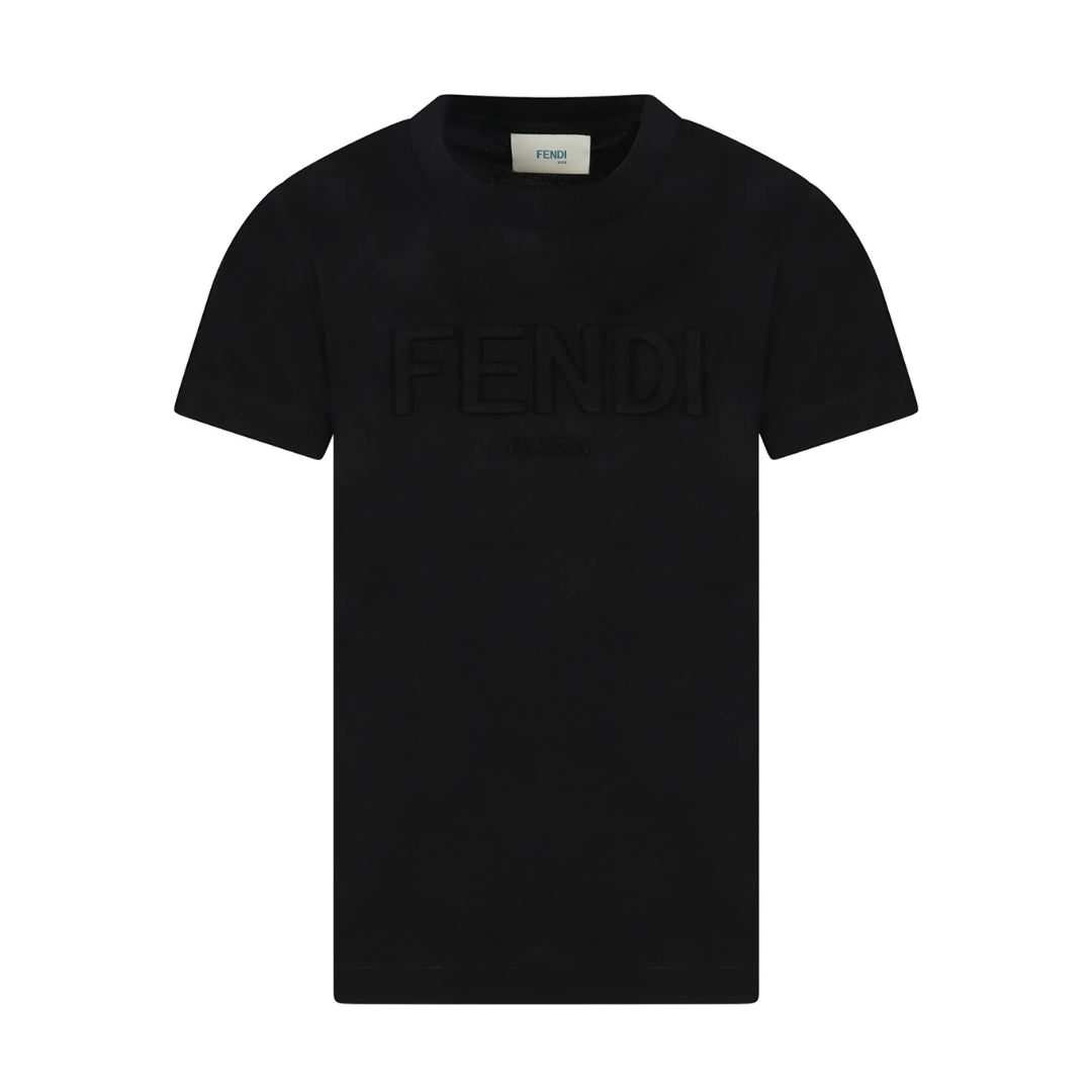 Fendi Kids black cotton t-shirt with short sleeves and a ribbed crew neck, featuring a tonal embossed Fendi Roma logo on the chest, available at Lestyle Boutique 136 Little Collins St.