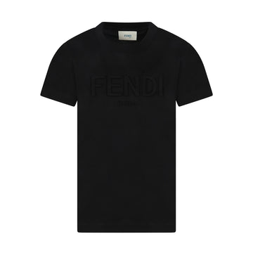 Fendi Kids black cotton t-shirt with short sleeves and a ribbed crew neck, featuring a tonal embossed Fendi Roma logo on the chest, available at Lestyle Boutique 136 Little Collins St.