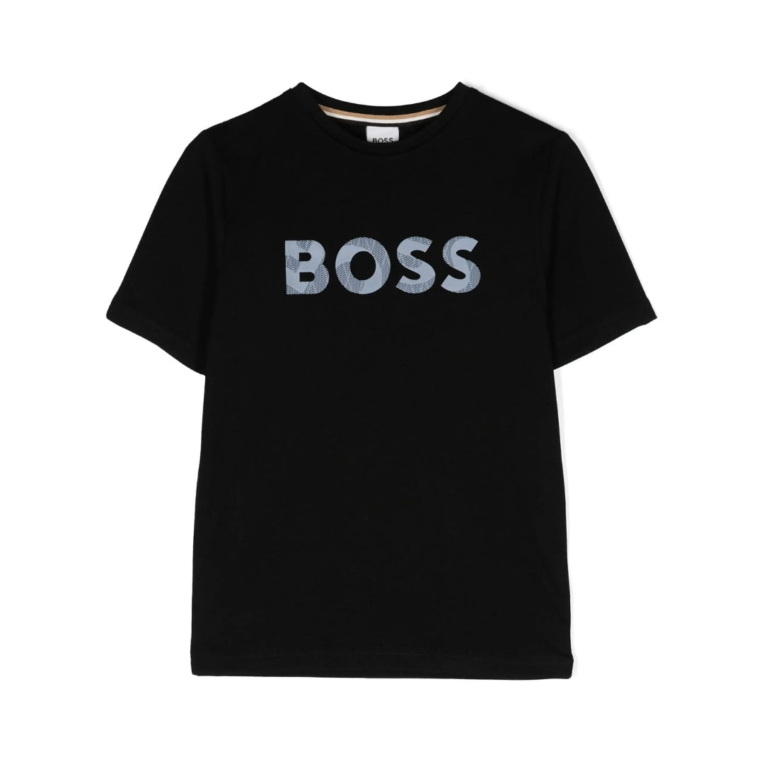 Boss Kids black 100% cotton t-shirt with a textured print logo on the front, crew neck, and short sleeves, available at Lestyle Boutique 136 Little Collins St.