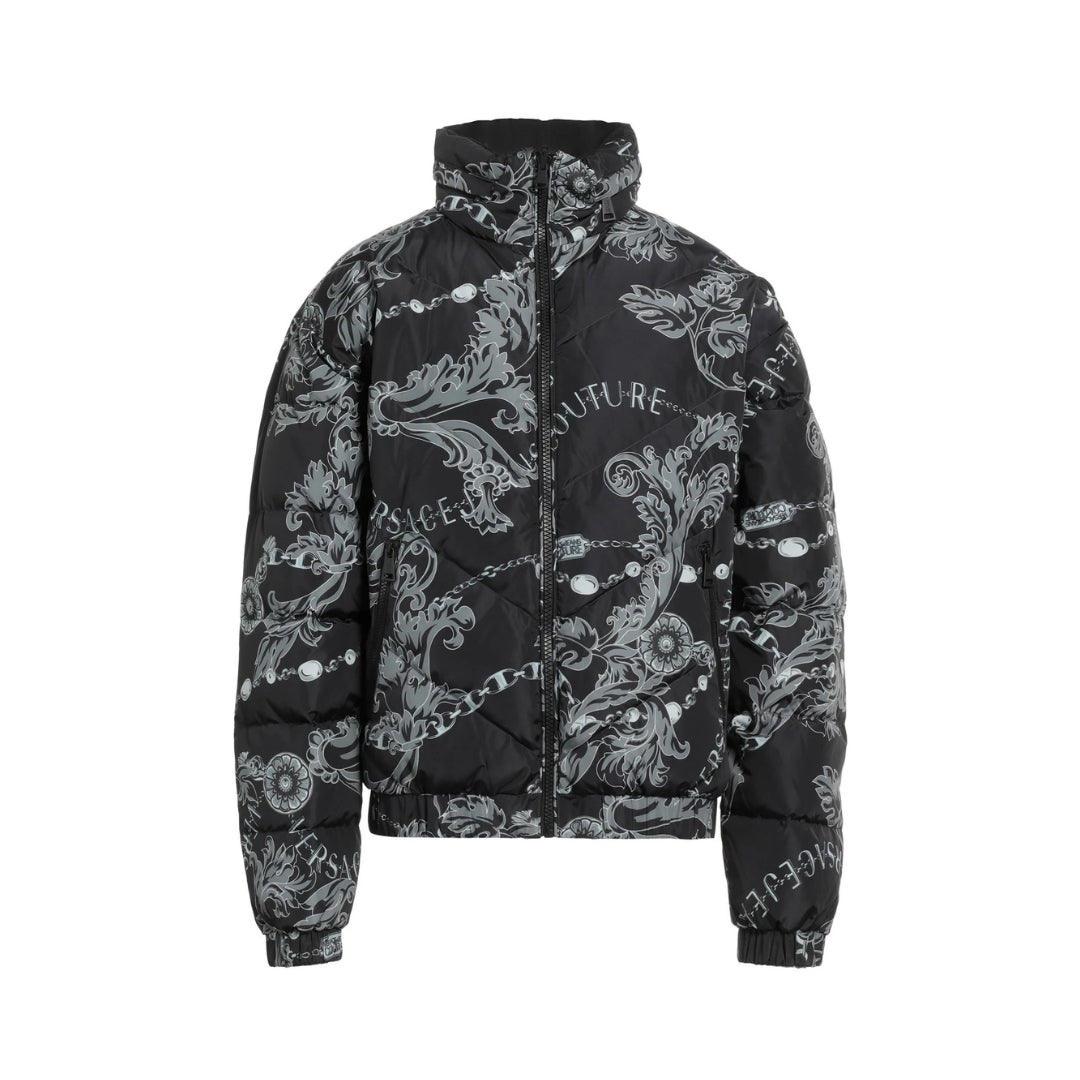 Versace Jeans Couture black polyester shell jacket with duck down filling, featuring a hood, zip fastening, zipped pockets, and an all-over tonal signature print, available at Lestyle Boutique 136 Little Collins St.