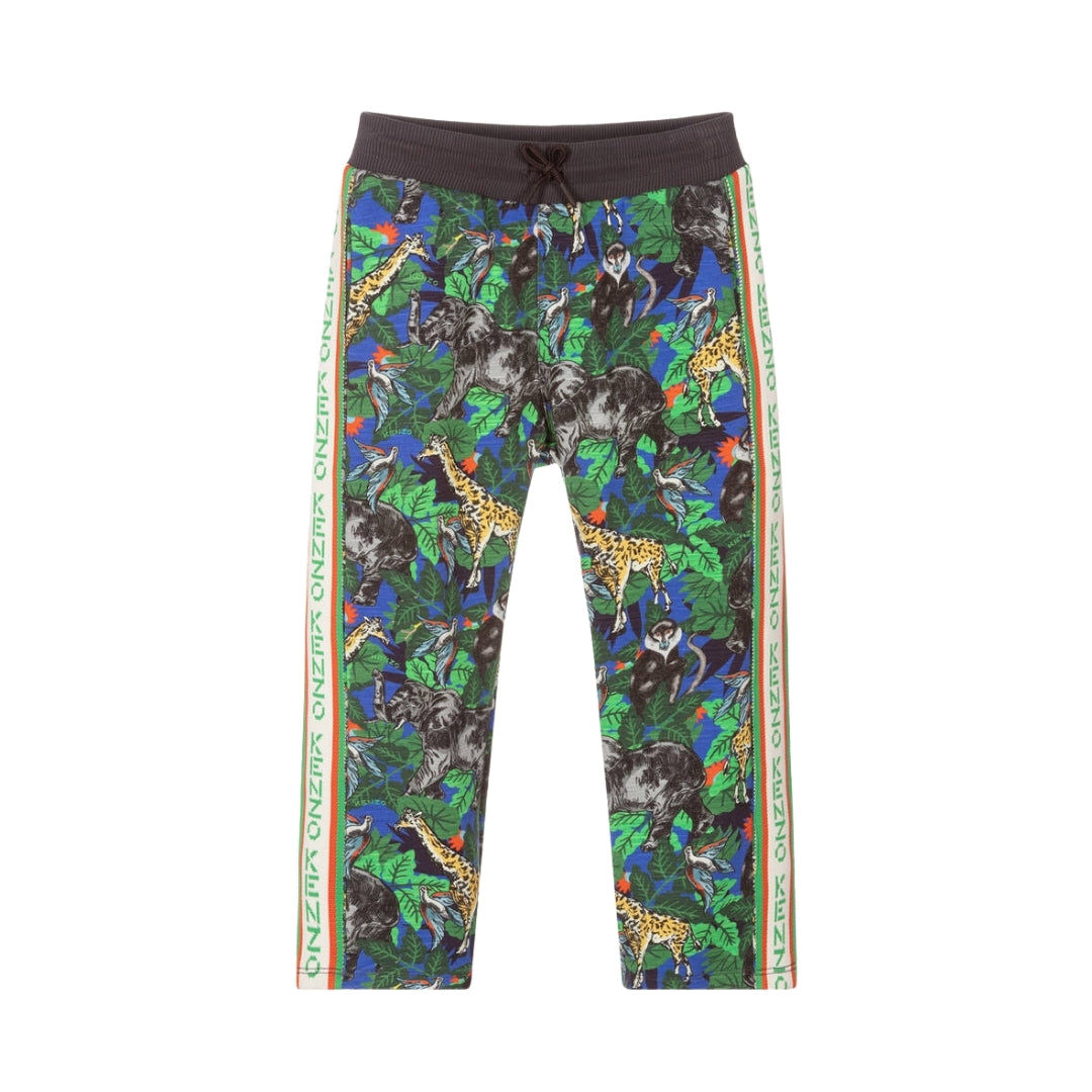 Kenzo Kids blue and green jungle print joggers made from a mid-weight jersey blend, featuring a drawstring waist and Kenzo logo tape stripes down the sides, available at Lestyle Boutique 136 Little Collins St.