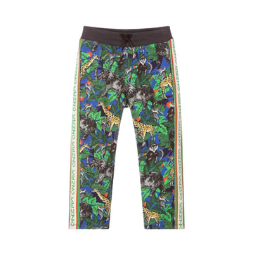 Kenzo Kids blue and green jungle print joggers made from a mid-weight jersey blend, featuring a drawstring waist and Kenzo logo tape stripes down the sides, available at Lestyle Boutique 136 Little Collins St.