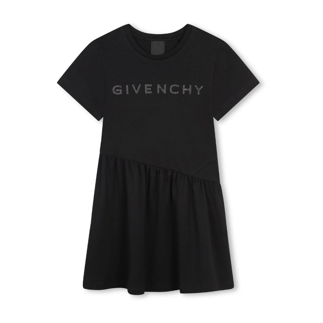 Givenchy black short-sleeved dress featuring a tonal 'GIVENCHY' logo on the chest, crew neck, and an asymmetrically seamed gathered skirt, available at Lestyle Boutique 136 Little Collins St.