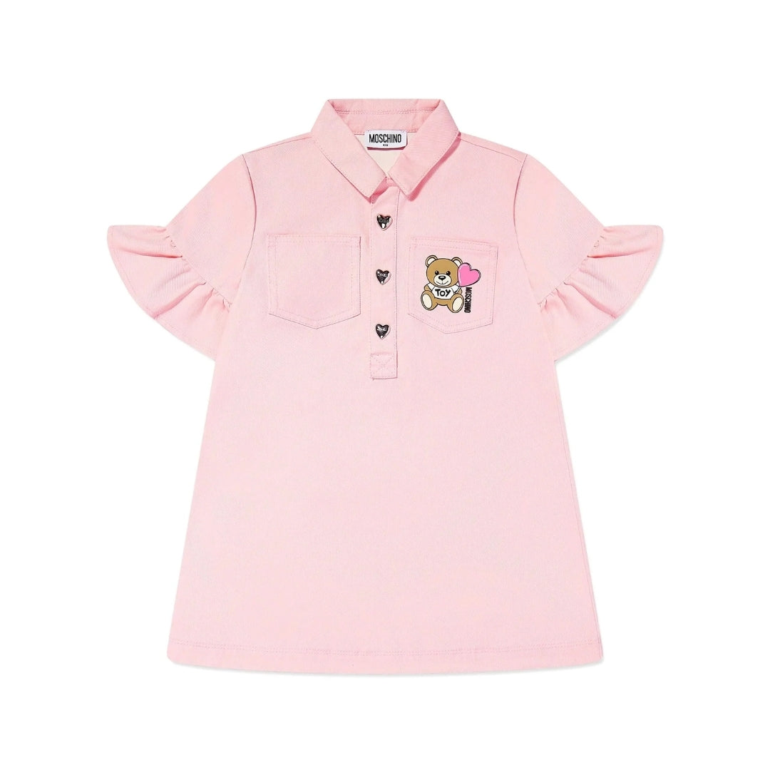 Moschino Kids pink dress featuring a polo collar, partial button placket, ruffle short sleeves, and a chest pocket with the signature Moschino Teddy Bear patch, available at Lestyle Boutique 136 Little Collins St.