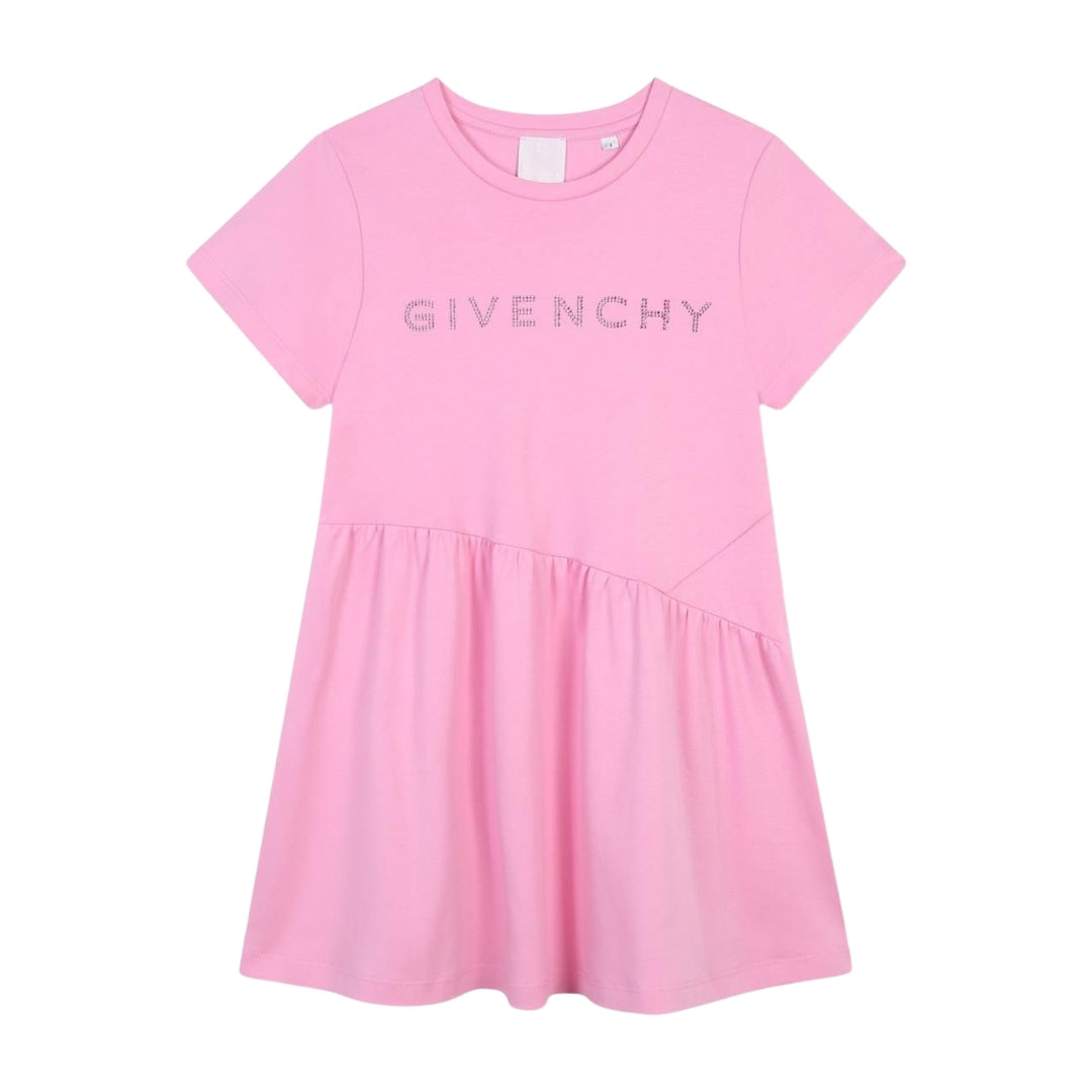 Givenchy girls pink cotton jersey t-shirt dress with a diamanté logo, short sleeves, and dropped waist, available at Lestyle Boutique 136 Little Collins St.