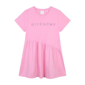 Givenchy girls pink cotton jersey t-shirt dress with a diamanté logo, short sleeves, and dropped waist, available at Lestyle Boutique 136 Little Collins St.
