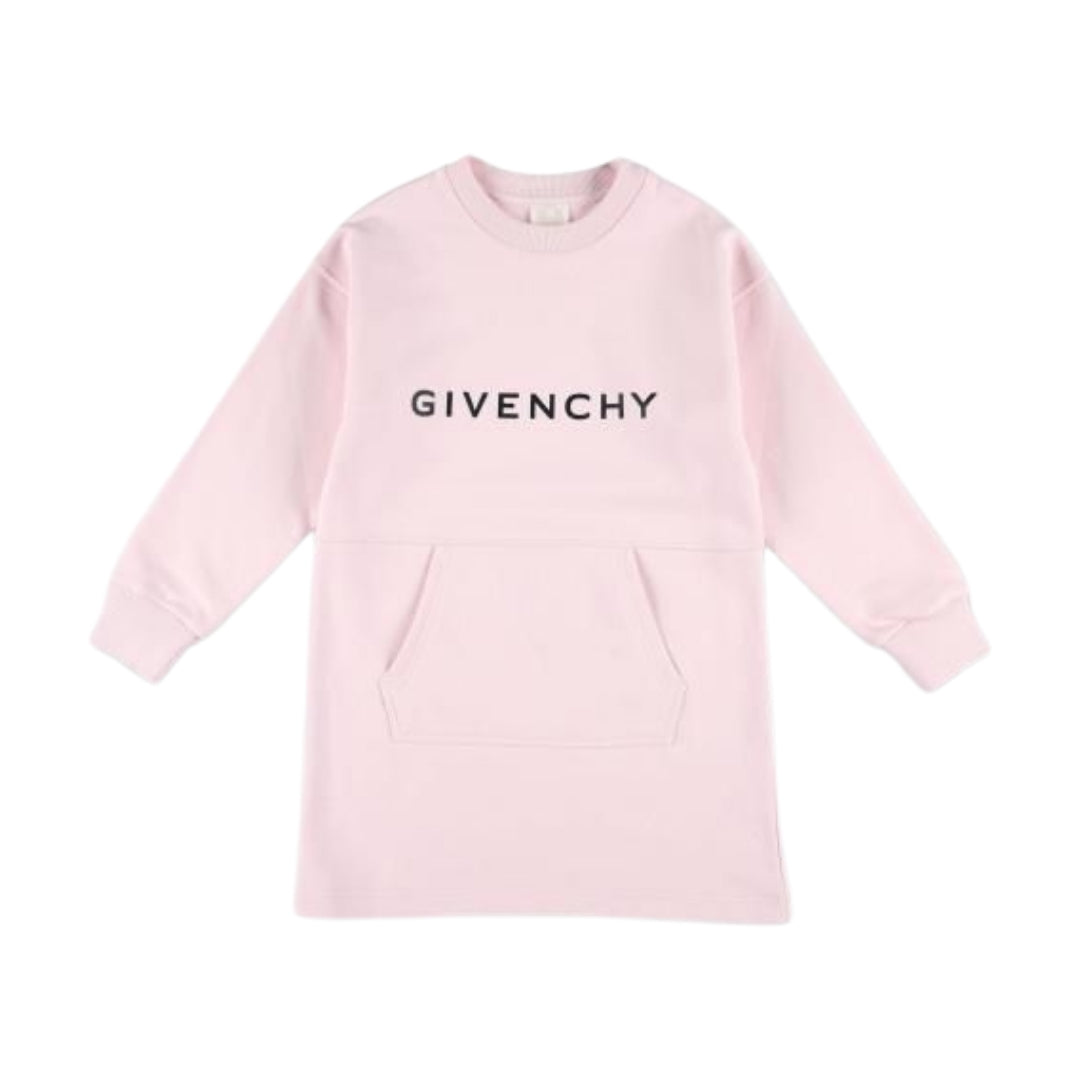 Givenchy kids rose pink long-sleeve dress with a chest logo print and large front pocket, available at Lestyle Boutique 136 Little Collins St.
