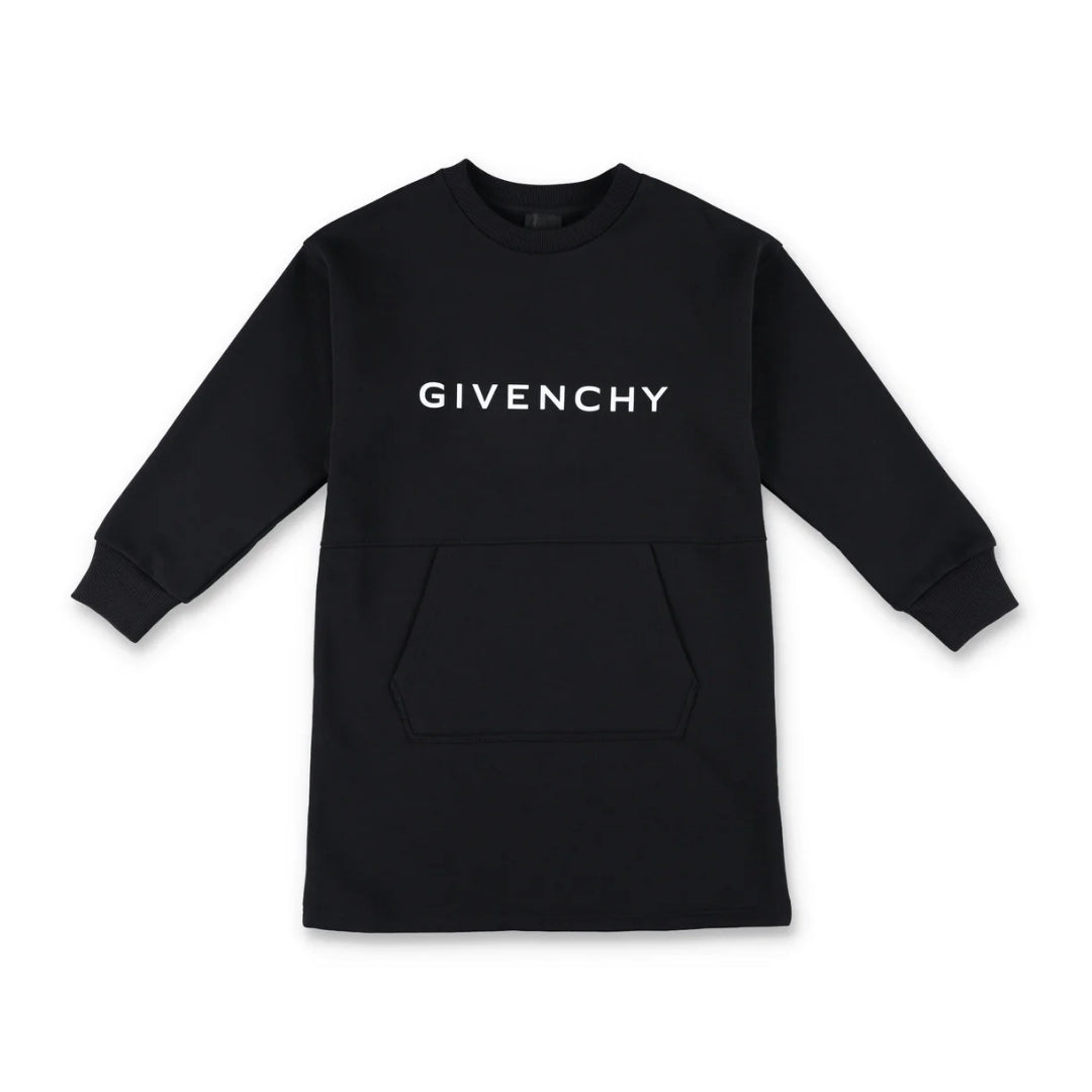 Givenchy Kids black logo printed crewneck dress made from an organic cotton and polyester blend with a chest logo print and front pocket, Made in Tunisia, available at Lestyle Boutique 136 Little Collins St.