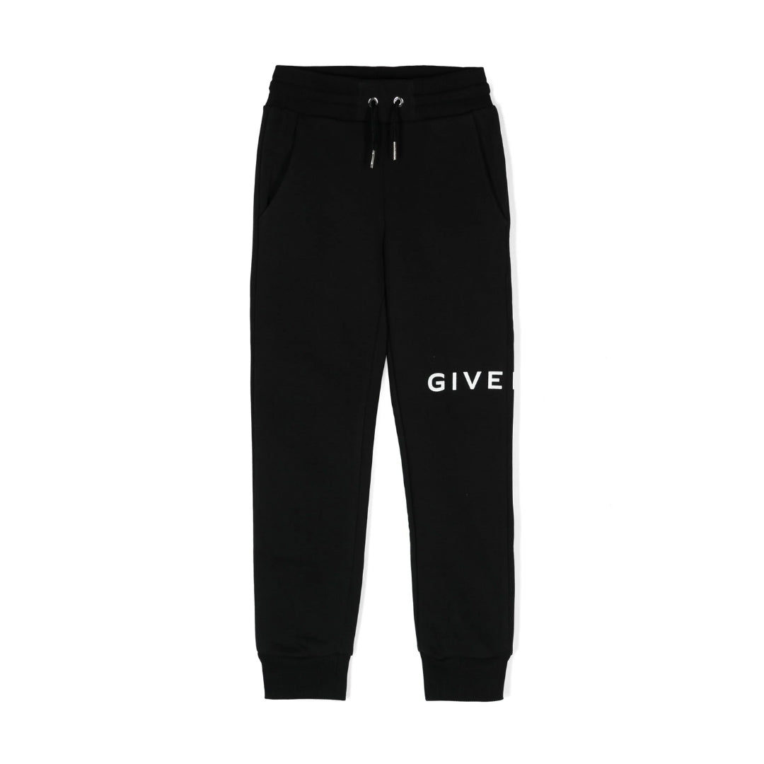 Givenchy Kids black trackpants with a logo print on the leg, drawstring waistband, and cuffed ankles, available at Lestyle Boutique 136 Little Collins St.