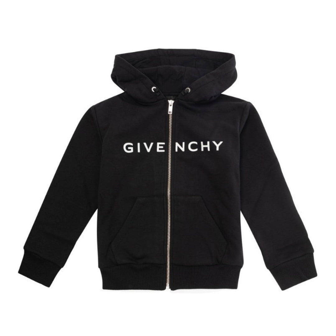 Givenchy Kids black zip-up hoodie with a split chest logo print, hood, and full zip front, available at Lestyle Boutique 136 Little Collins St.