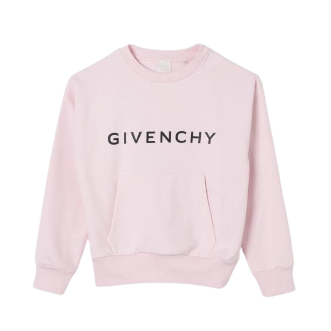 Givenchy Kids pink sweatshirt with a chest logo print, front pocket, long sleeves, and crew neck, available at Lestyle Boutique 136 Little Collins St.