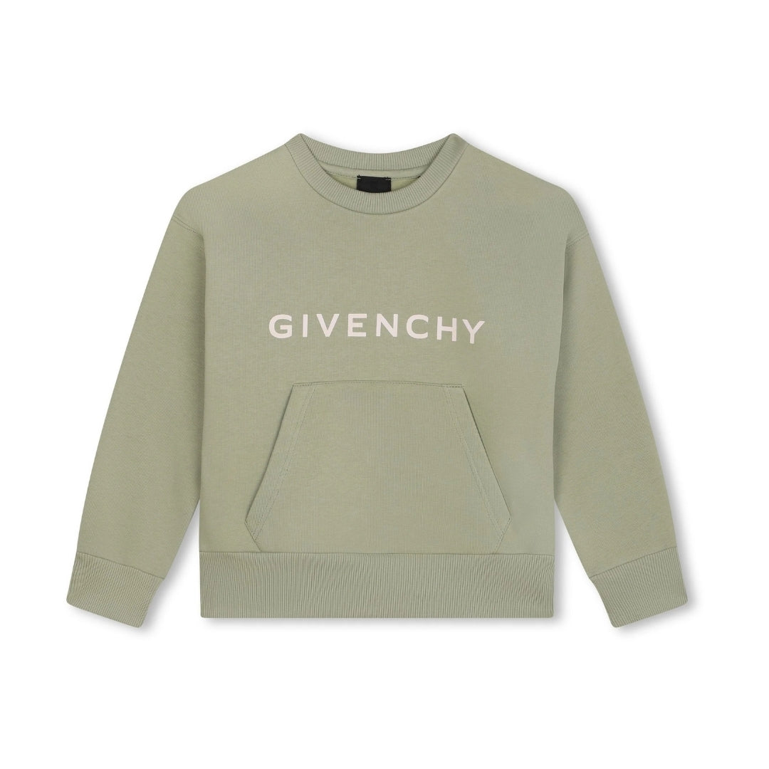 Givenchy Kids lime logo-print sweatshirt with long sleeves and a kangaroo pocket, available at Lestyle Boutique 136 Little Collins St.
