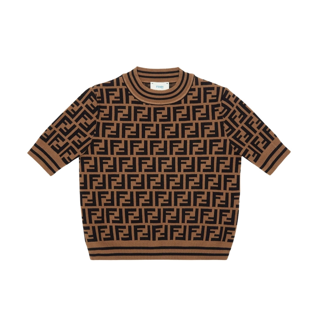 Fendi Kids junior knit top in a viscose blend featuring the all-over tobacco FF motif, short sleeves, and ribbed trims, available at Lestyle Boutique 136 Little Collins St.