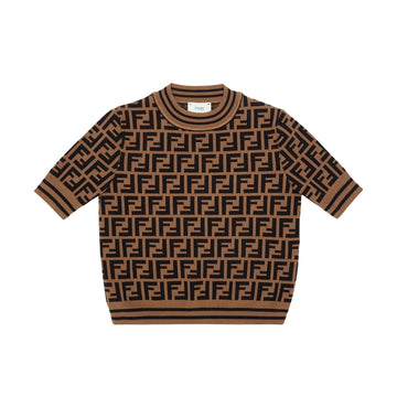 Fendi Kids junior knit top in a viscose blend featuring the all-over tobacco FF motif, short sleeves, and ribbed trims, available at Lestyle Boutique 136 Little Collins St.