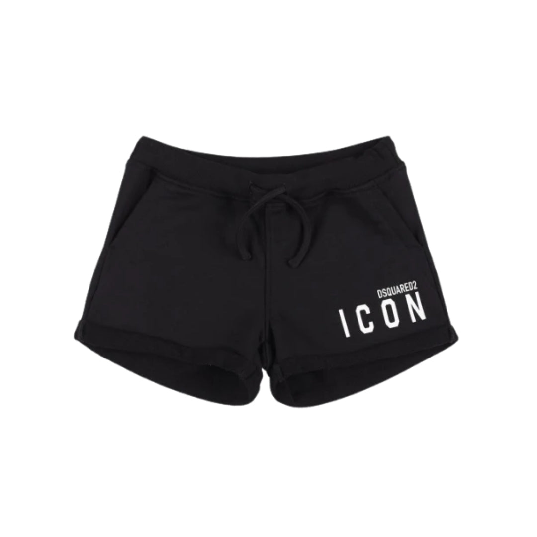 Dsquared2 black cotton sweat shorts for youth, featuring a drawstring waist and a white 'Dsquared2 Icon' logo print vertically on the left leg, available at Lestyle Boutique 136 Little Collins St.