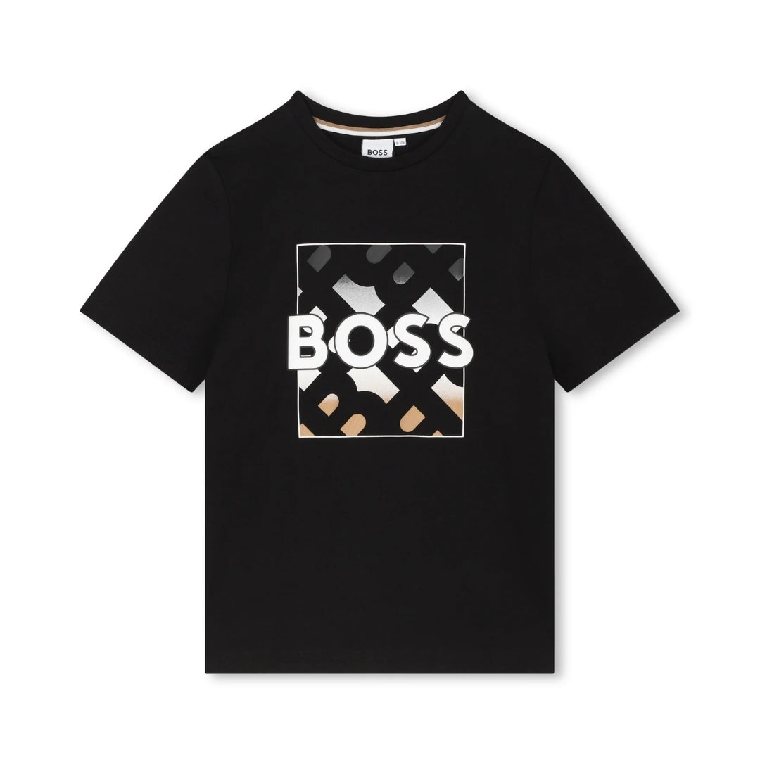 Hugo Boss black cotton jersey short sleeve tee shirt featuring a fancy illustration with the 'BOSS' logo printed in white and beige on the front, available at Lestyle Boutique 136 Little Collins St.