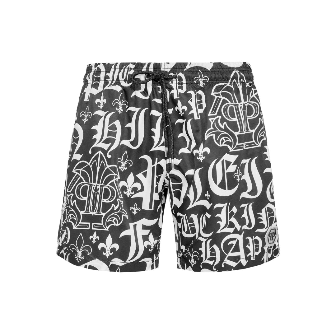 Philipp Plein black nylon jogging shorts with an all-over white Gothic print, elasticated drawstring waistband, and a rubber PP Hexagon patch, available at Lestyle Boutique 136 Little Collins St.