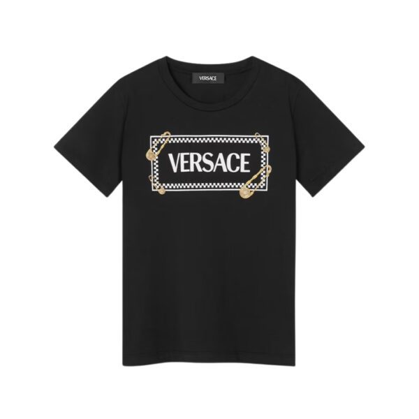 VERSACE KIDS T-SHIRT featuring safety pin logo on black cotton-jersey available at Lestyle Boutique Melbourne
