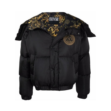 Versace Jeans Couture men's black puffer jacket featuring a hood with gold baroque print lining, a zip front, and a gold V-Emblem logo patch on the chest, available at Lestyle Boutique 136 Little Collins St.