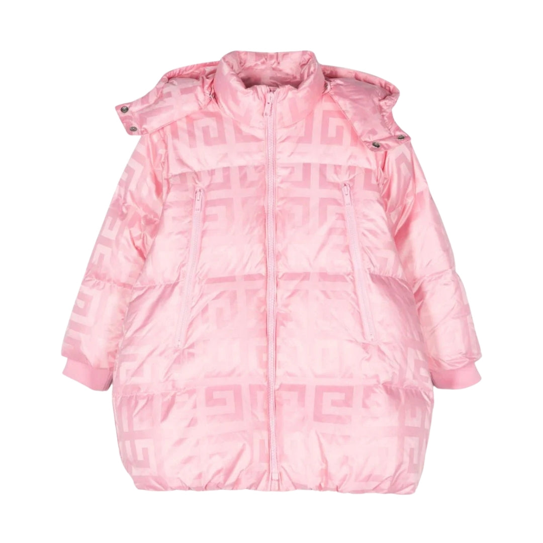 Givenchy Kids pink down jacket with an all-over 4G motif, hood, zip closure, and goose down padding, made from polyamide, available at Lestyle Boutique 136 Little Collins St.