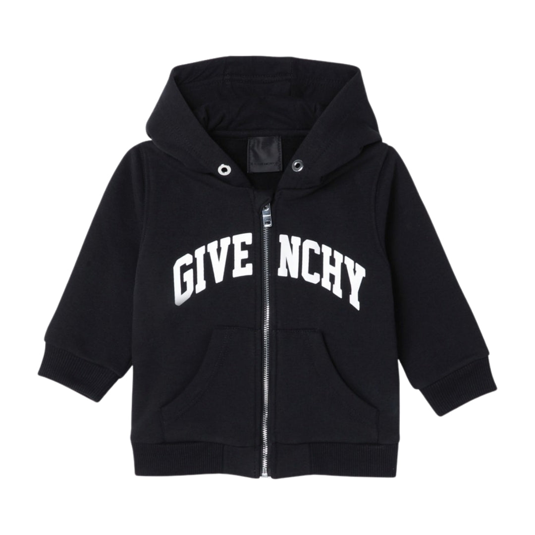 Givenchy black cotton-blend zip hoodie with a contrasting white lettering logo print on the front, two welt pockets, and ribbed hems, available at Lestyle Boutique 136 Little Collins St.