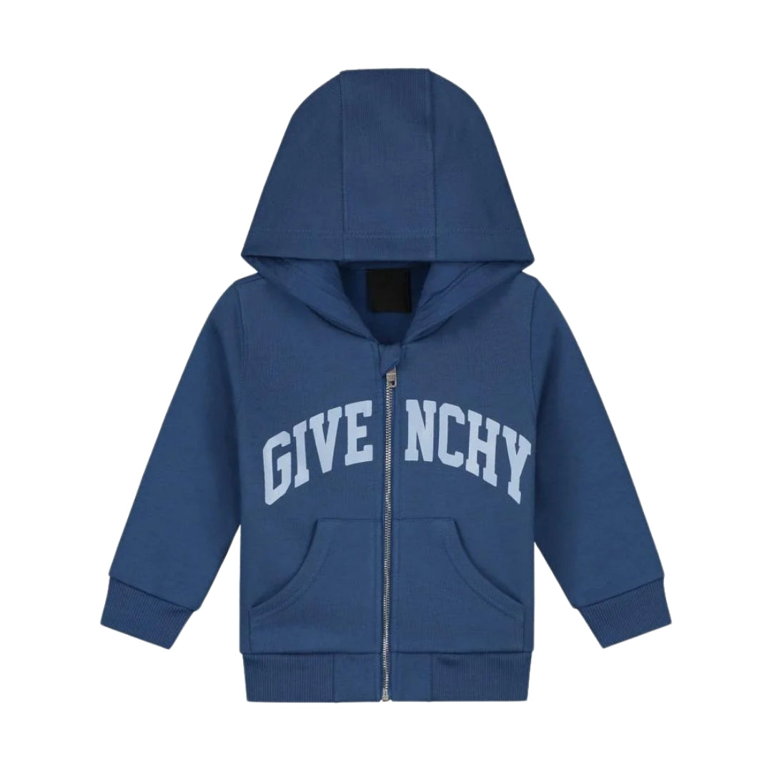 Givenchy Kids blue logo printed long-sleeved hoodie made from a cotton-polyester blend, featuring a zip front and split kangaroo pocket, Made in Italy, available at Lestyle Boutique 136 Little Collins St.