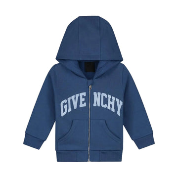 Givenchy Kids blue logo printed long-sleeved hoodie made from a cotton-polyester blend, featuring a zip front and split kangaroo pocket, Made in Italy, available at Lestyle Boutique 136 Little Collins St.