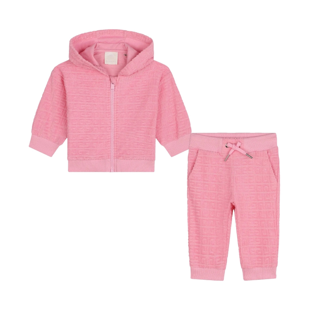 Givenchy pink terry cloth cotton tracksuit set, featuring a textured 4G motif, hooded zip cardigan with kangaroo pocket, and matching drawstring trousers, available at Lestyle Boutique 136 Little Collins St.