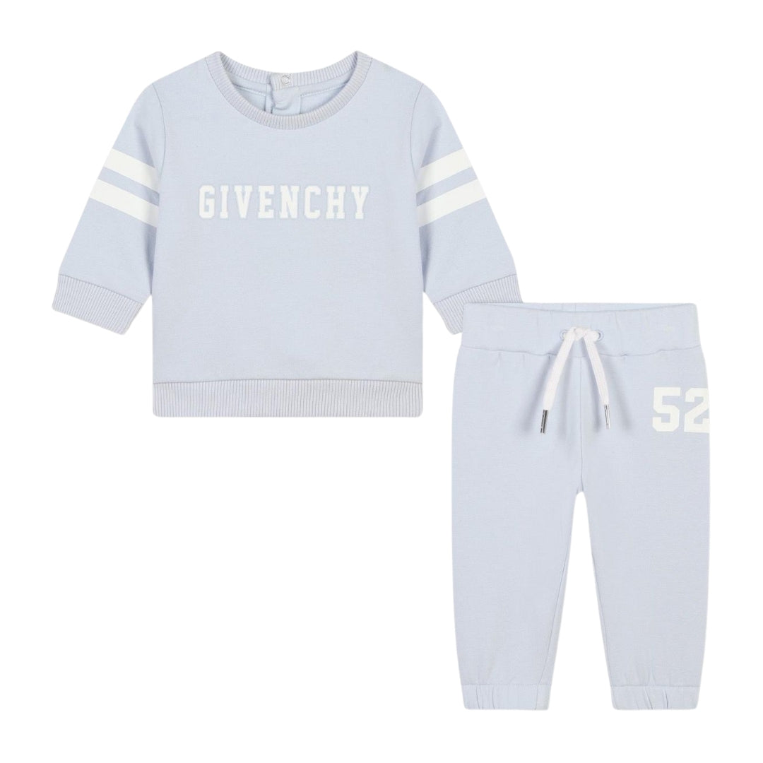 Givenchy Baby Boys blue and white cotton jersey tracksuit set, featuring a sweatshirt with front logo and arm stripes, and joggers with a number 52 print, available at Lestyle Boutique 136 Little Collins St.