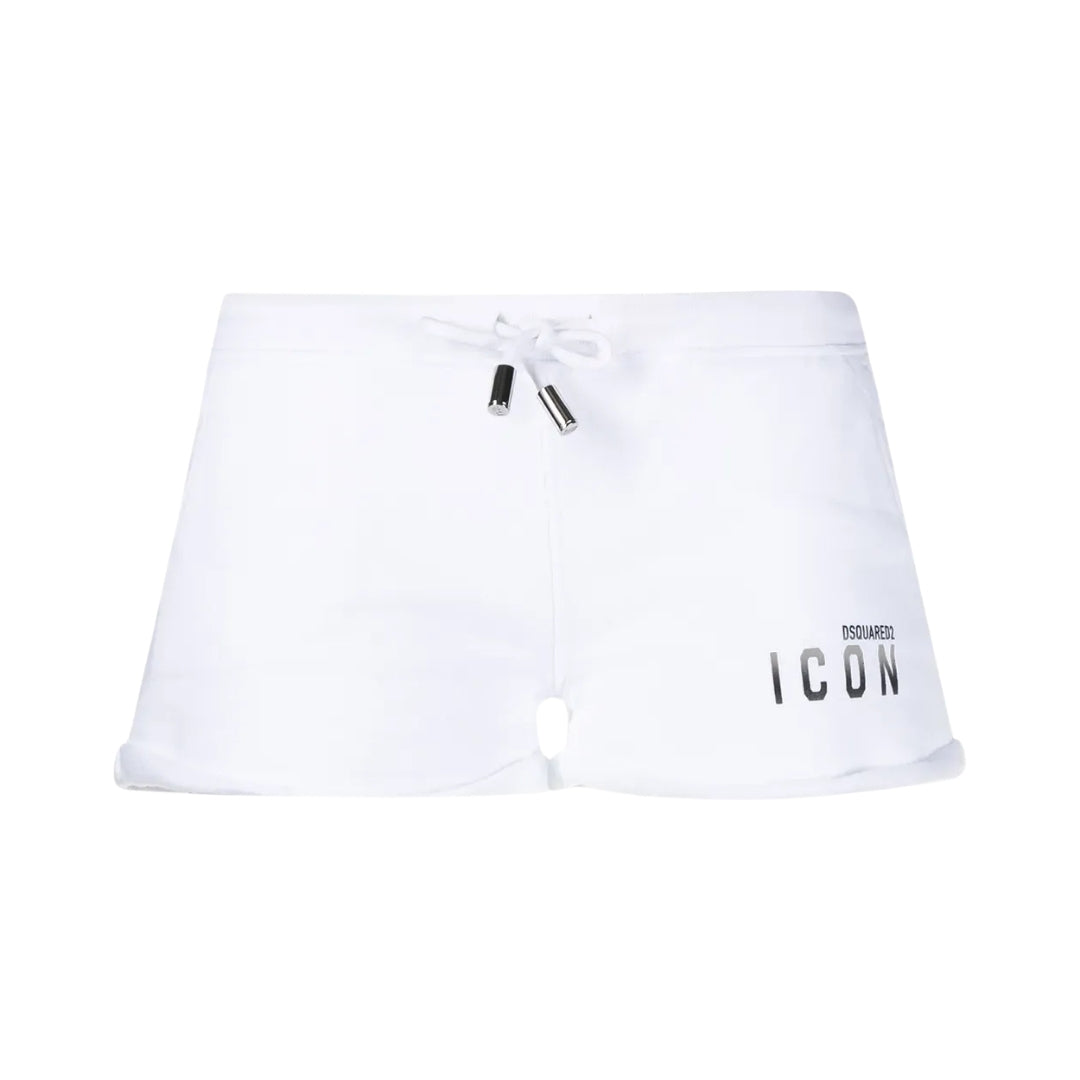 Dsquared2 white cotton Icon track shorts featuring a drawstring waist and a black 'Icon' logo print vertically on the left leg, made in Italy, available at Lestyle Boutique 136 Little Collins St.