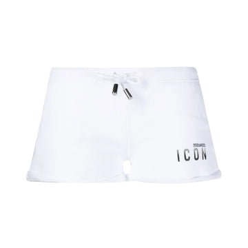 Dsquared2 white cotton Icon track shorts featuring a drawstring waist and a black 'Icon' logo print vertically on the left leg, made in Italy, available at Lestyle Boutique 136 Little Collins St.