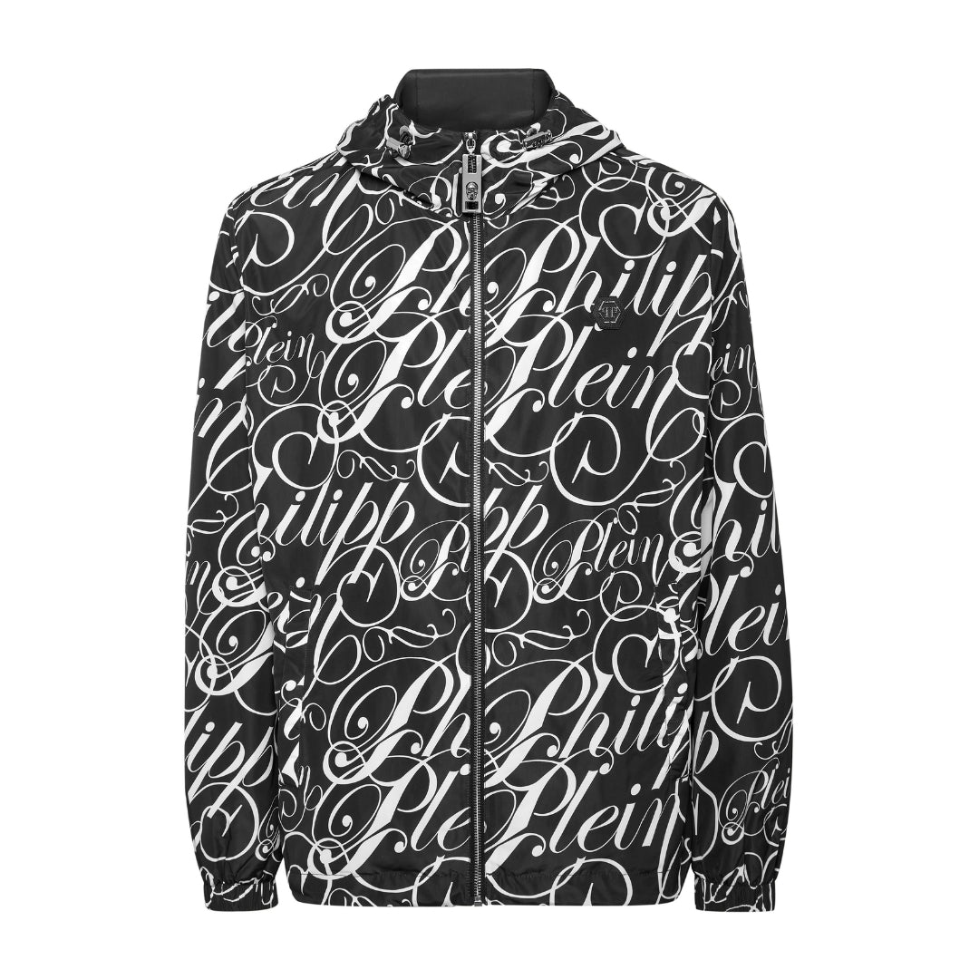 Philipp Plein black and white nylon hooded windbreaker jacket with an all-over script logo print, zip fastener, and elasticated cuffs and bottom hem, available at Lestyle Boutique 136 Little Collins St.