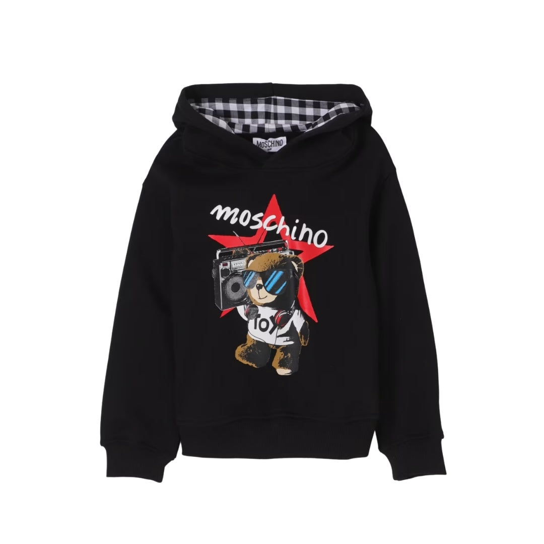 Moschino black cotton hoodie featuring a hood with plaid lining, long sleeves with stretch cuffs, a straight hem, and a multi-color Moschino Teddy Bear and logo print on the chest, available at Lestyle Boutique 136 Little Collins St.