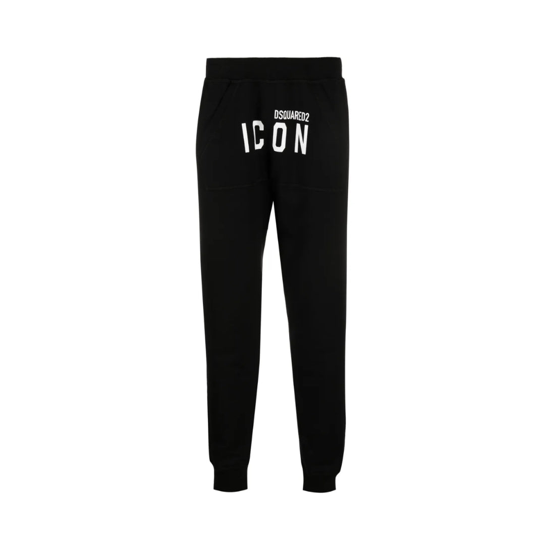 Dsquared2 men's black track pants featuring a drawstring waist, ribbed cuffs, side pockets, and a white 'Dsquared2 Icon' logo print vertically on the left leg, available at Lestyle Boutique 136 Little Collins St.