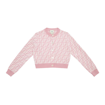 Fendi Kids junior pink cotton jersey cardigan featuring an all-over FF logo print, long sleeves, front button closure, and ribbed trims, Made in Italy, available at Lestyle Boutique 136 Little Collins St.