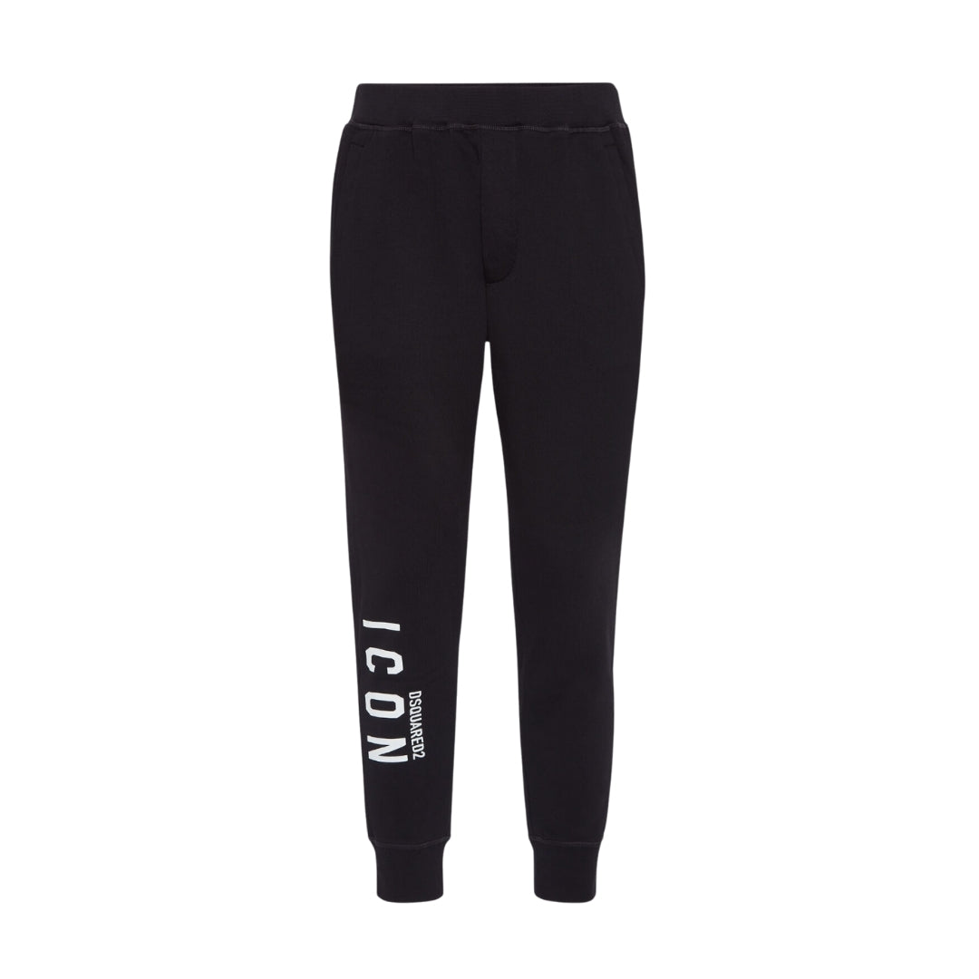 Dsquared2 men's black Icon track pants made from brushed cotton fleece, featuring side pockets, ribbed cuffs, and a white 'Dsquared2 Icon' logo print vertically on the left leg, available at Lestyle Boutique 136 Little Collins St.