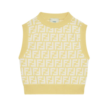 Fendi Kids junior yellow cotton jersey top featuring the all-over FF motif in yellow and white, short sleeves, and ribbed trims, available at Lestyle Boutique 136 Little Collins St.