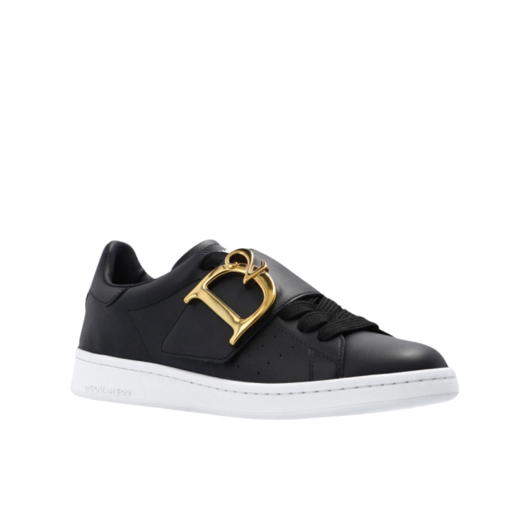 Dsquared2 ladies' black leather 'Boxer' sneakers featuring lace-up and velcro fastening with gold-tone logo hardware, and a white rubber sole, available at Lestyle Boutique 136 Little Collins St.
