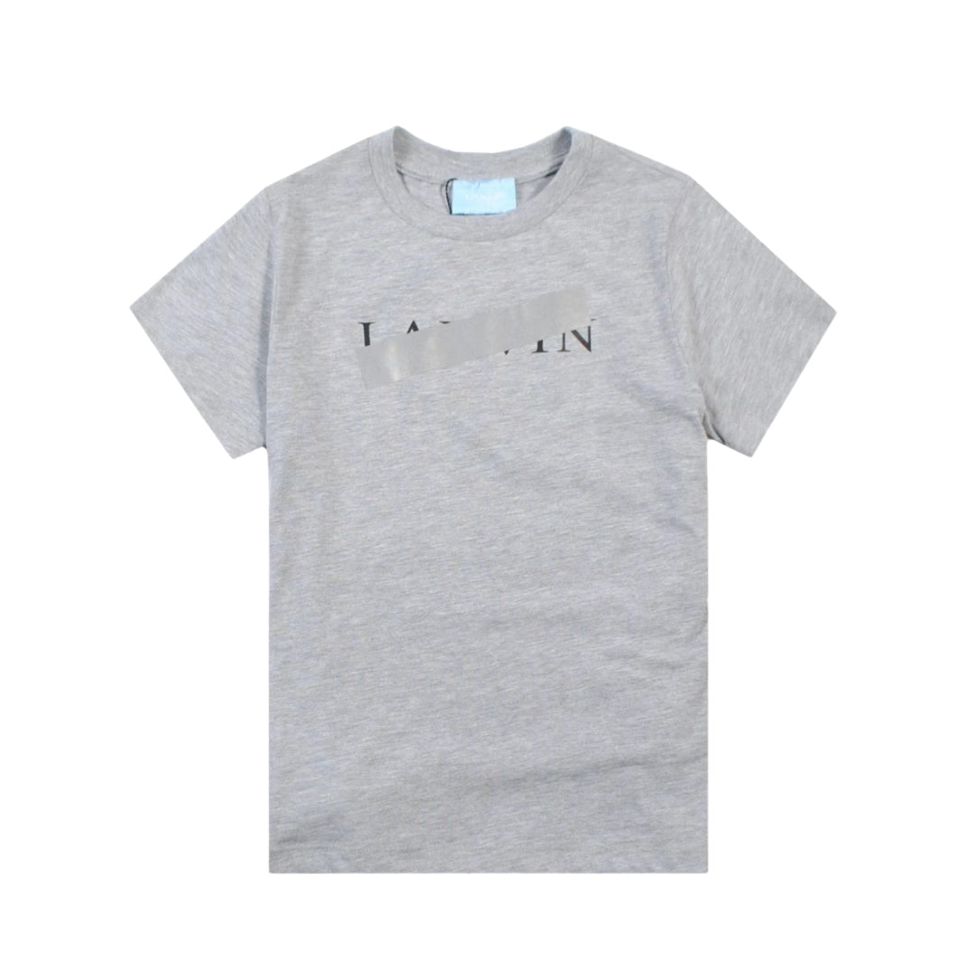 Lanvin Kids grey t-shirt with a crew neck and short sleeves, featuring the signature Lanvin logo print with a crossed graphic over it on the chest, available at Lestyle Boutique 136 Little Collins St.