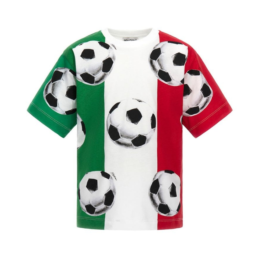 Moschino Kids boys' cotton t-shirt featuring Italian flag color blocking (green, white, red), an all-over soccer ball print, round neckline, and short sleeves, made in Europe, available at Lestyle Boutique 136 Little Collins St.