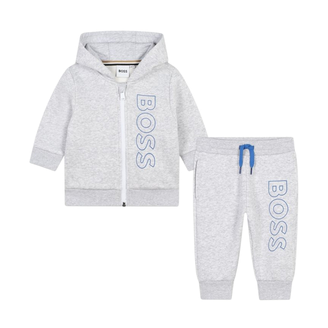 BOSS light grey marl tracksuit set featuring a zip-up hoodie and pants, both with blue vertical 'BOSS' logo prints, available at Lestyle Boutique 136 Little Collins St.