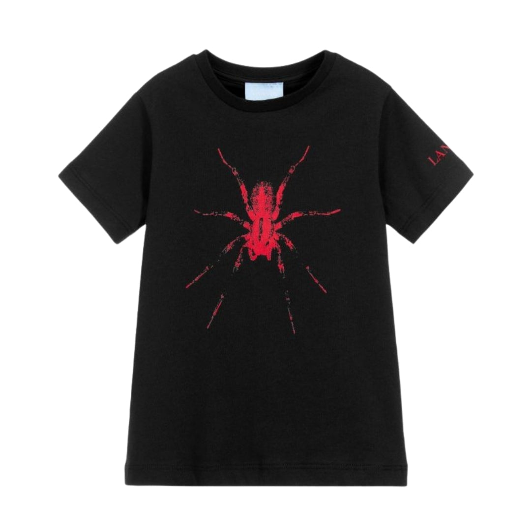 Lanvin boys' black cotton jersey t-shirt with crew neck and short sleeves, featuring a red spider print on the front and a contrast grey sleeve panel with logo, available at Lestyle Boutique 136 Little Collins St.