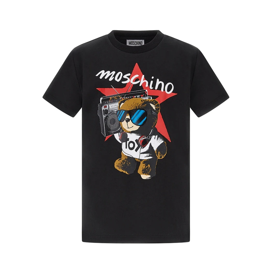Moschino Kids boys' black cotton t-shirt with crew neck and short sleeves, featuring a multi-color 'Music Toy' Teddy Bear graphic print on the chest, made in China, available at Lestyle Boutique 136 Little Collins St.