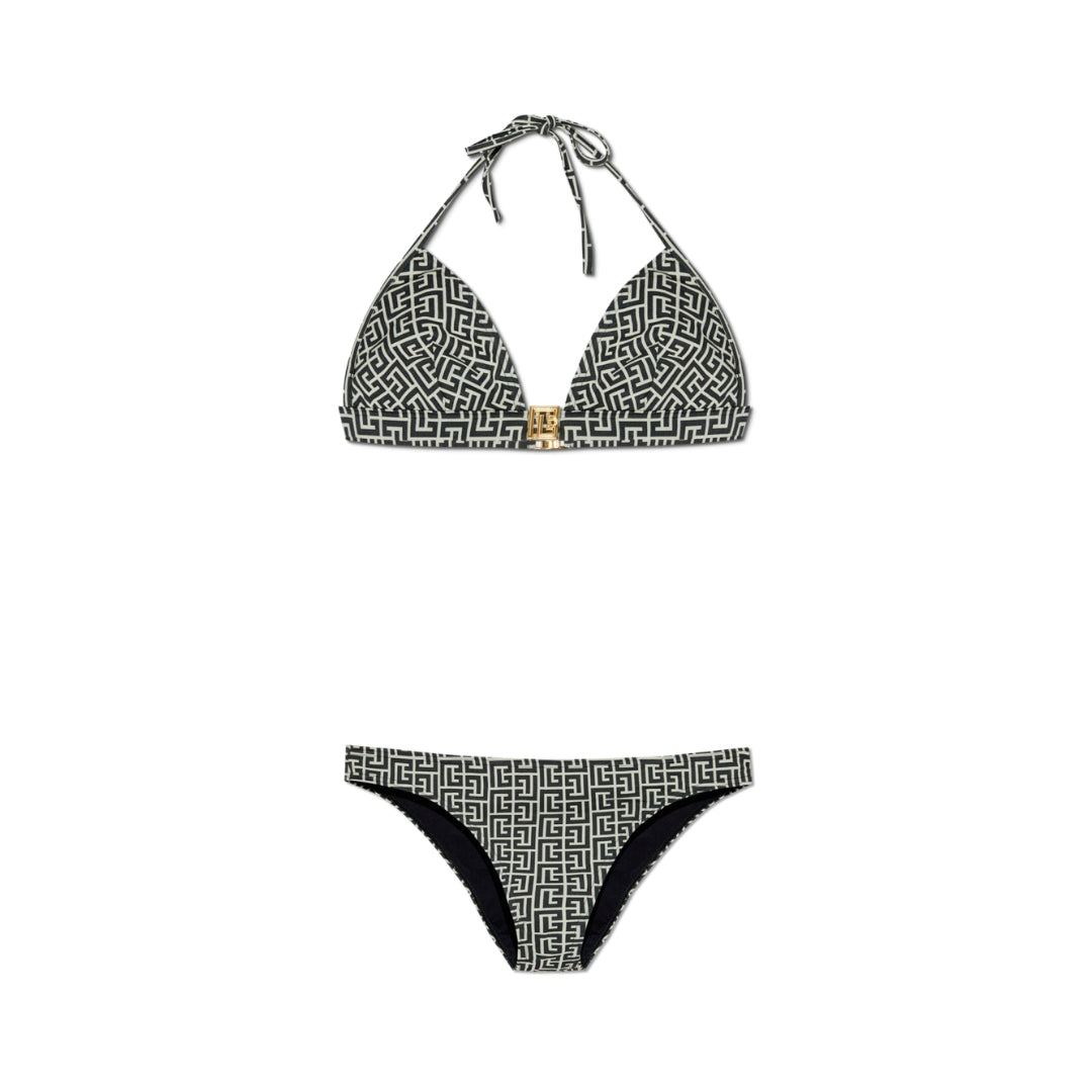 Balmain two-piece swimsuit featuring a black and white print, high-quality material, and stylish design. Perfect for summer beach outings. Available at Lestyle Boutique Melbourne.