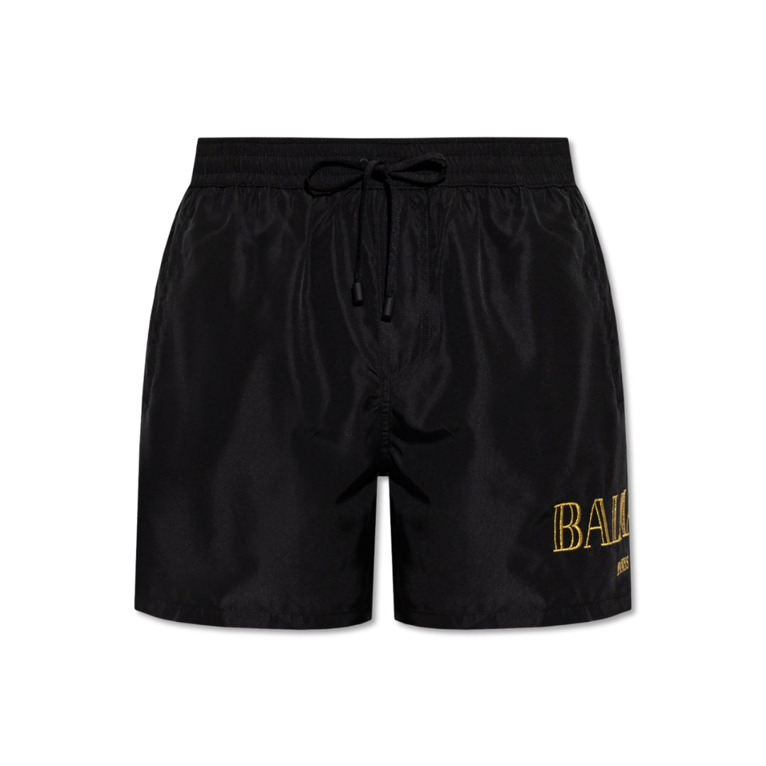 Balmain black swim shorts featuring a distinctive gold logo, made from high-quality glossy polyester, ideal for beach adventures and relaxation. Available at Lestyle Boutique Melbourne.