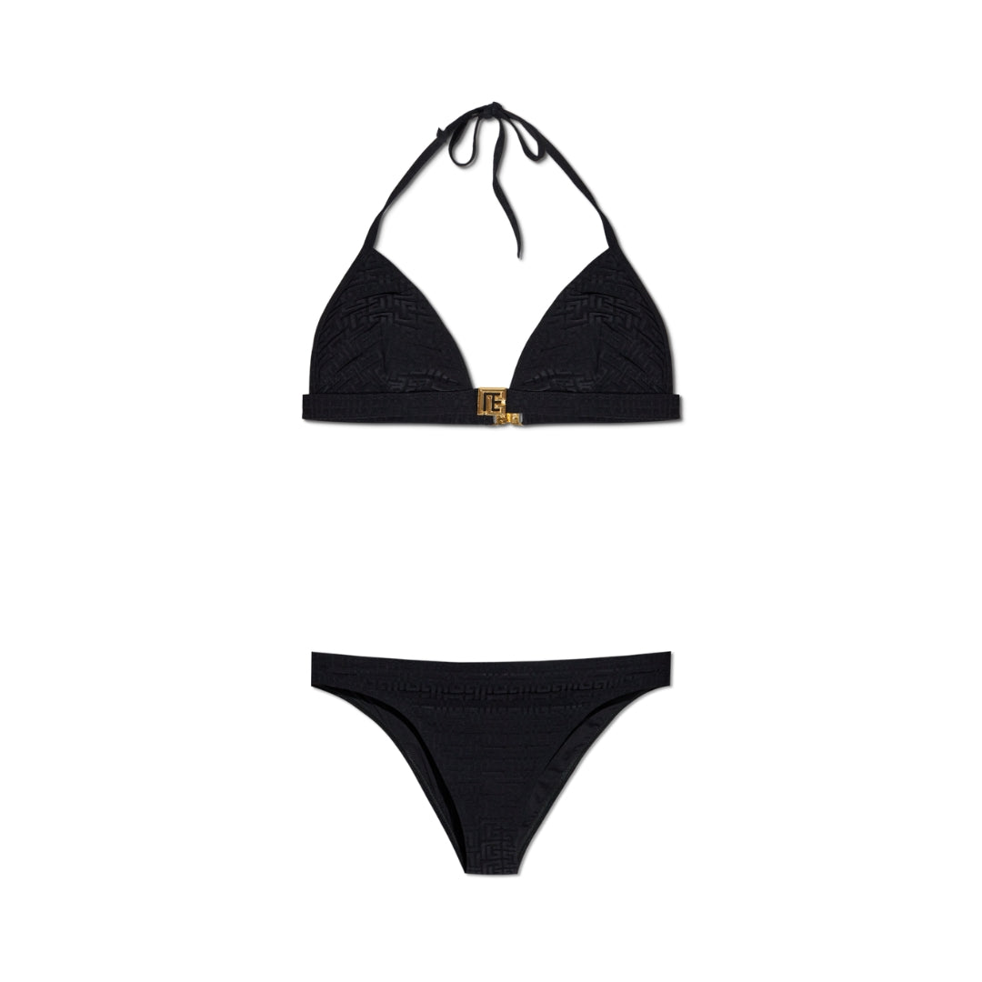 Balmain black two-piece swimsuit featuring a stylish design and high-quality material. Perfect for summer beach outings. Available at Lestyle Boutique Melbourne.